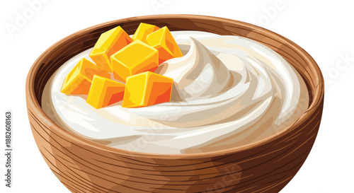 Wooden bowl filled with creamy white Greek yogurt or cream, topped with fresh, diced yellow mango chunks, isolated on white background.