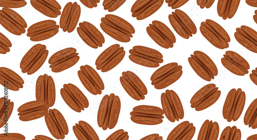 Seamless pattern of shelled pecan nut halves scattered on a white background, creating a detailed and appetizing food-themed texture.