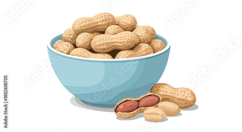 Blue bowl filled with whole roasted peanuts in their shells, with a few resting beside it, isolated on a white background.