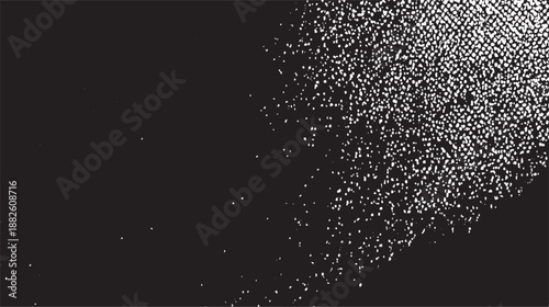 Dark abstract background with a dense cluster of white granular texture fading into a solid black void, evoking a sense of mystery and depth
