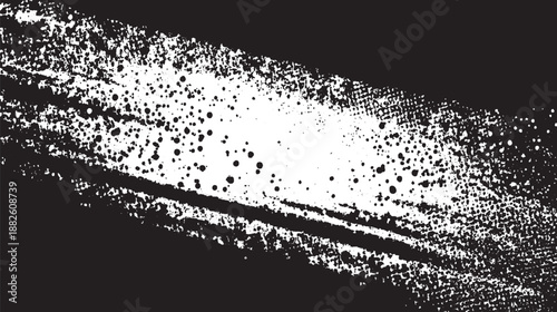 Bold abstract brushstroke of black and white with dense speckles and granular texture across a dark background, creating a strong visual impact