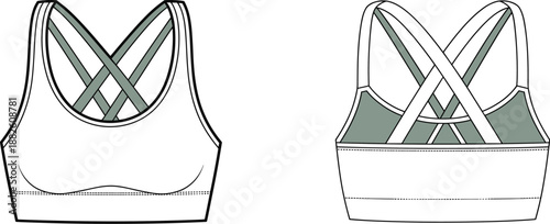 Crisscross strap sports bra design, breathable mesh panel, scoop neckline, technical activewear illustration, front and back view