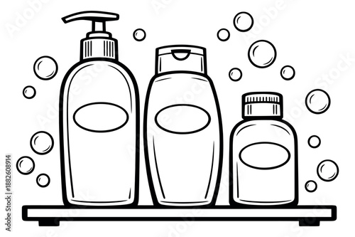 Hand drawn line art toiletries set featuring a pump bottle, a flip-top bottle, and a small cosmetic container for personal hygiene and beauty