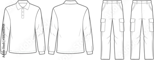 Long sleeve polo shirt and cargo pants technical sketch, fashion design template, garment construction, front and back view