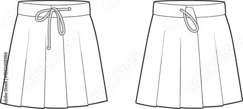 Pleated skirt fashion illustration, waistband tie styles, bow detail, garment design, trendy outfit concept, apparel sketch comparison