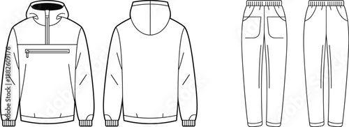 Technical flat sketch of hooded pullover jacket and jogger pants, fashion design template 
