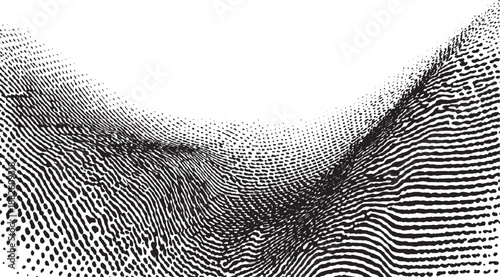 Abstract monochrome background with a topographical map-like texture composed of varying density halftone dots and flowing lines creating a sense of landscape and contour