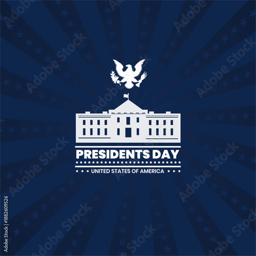 Minimalist Presidents Day USA Poster with White House and American Eagle Emblem. Flat and Clean Template. Best for  celebration, promotions, advertising, social media and national holiday campaigns. 