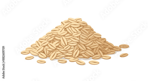 A neat pile of dry, uncooked rolled oats or oatmeal flakes, a healthy whole grain breakfast food, isolated on a white background.