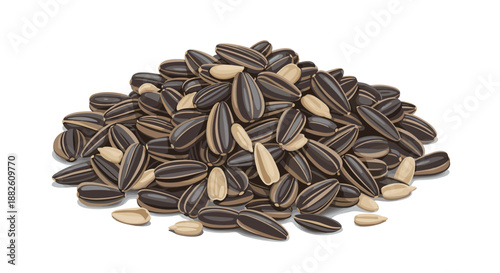 Large pile of whole sunflower seeds in their striped black and white shells, a popular and nutritious snack, on a white background.