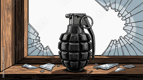 Vector graphics, flat illustration - Black grenade placed on wooden surface near broken glass window  