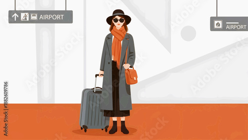 Vector graphics, flat illustration - Stylish woman with suitcase at airport terminal in trendy outfit  