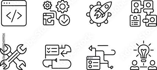 Set of Eight Line Icons Representing Technology and Innovation