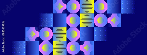 Vibrant blue background with diagonal geometric tiles featuring yellow and purple gradients