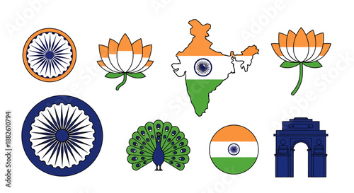 Indian National Symbols Collection Featuring Ashoka Chakra Lotus Flower Map Peacock and Archway Isolated On White Background