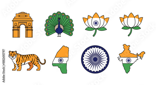 India National Symbols Collection Featuring Iconic Architecture Wildlife Flora And Geographical Representations With National Colors