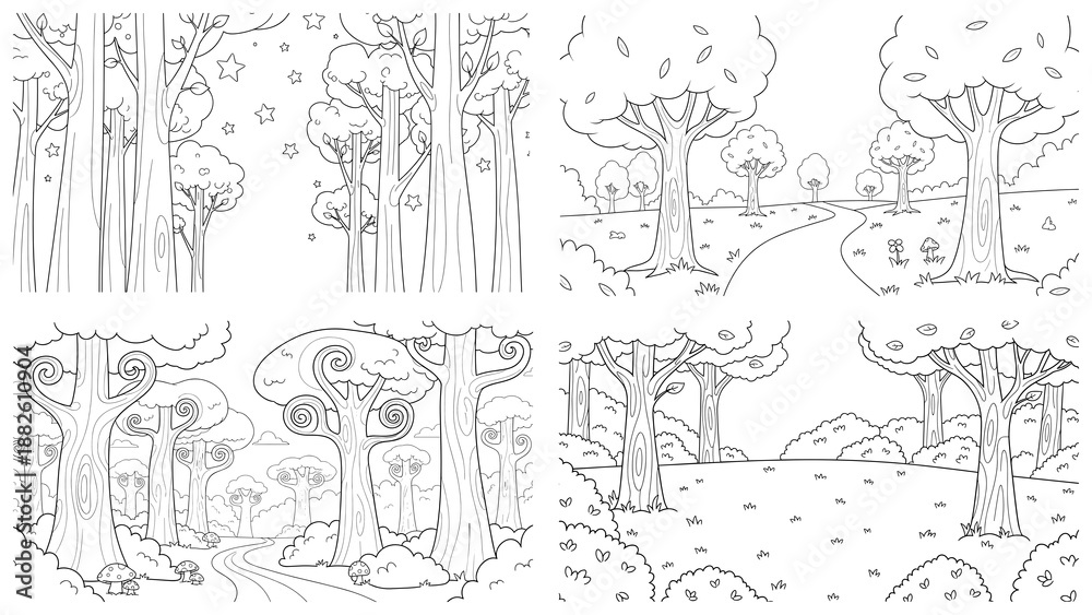Obraz premium Set of whimsical forest coloring pages featuring enchanting trees and pathways for kids