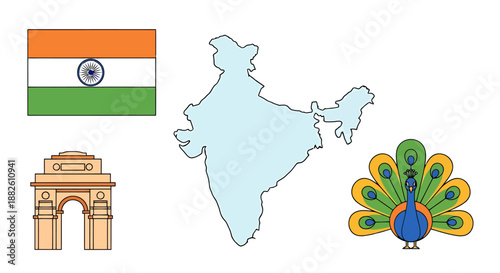 India National Symbols Including Flag Map Landmark Peacock Emblem For Travel And Cultural Representation For Global Audiences