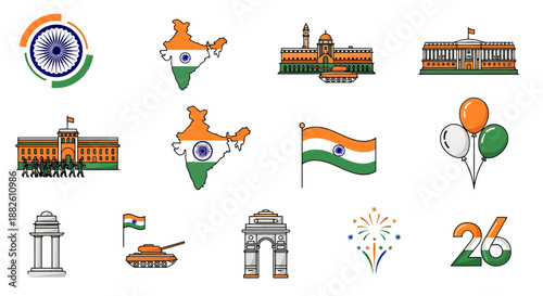 Collection of Indian Independence Day Symbols Including National Flag Maps Monuments Emblem And Balloons For National Celebrations