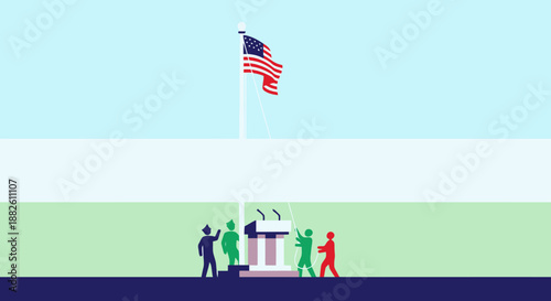 Symbolic American Flag Waving Against A Clear Sky Above A Podium And Small Crowd Representing National Ceremony Or Event