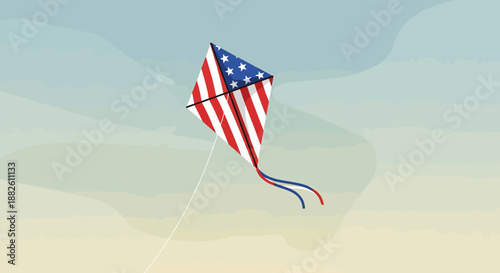 Patriotic Kite Flying High on a Breezy Day with Soft Clouds in the Background
