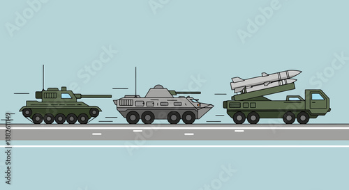 Armored military vehicles including a tank an armored personnel carrier and a rocket launcher vehicle traveling on a road for a defense or security