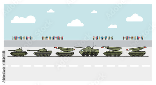 Military Vehicles Lined Up On A Road With A Cityscape And Clouds Above