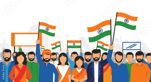 Crowd of people holding national flags celebrating a patriotic event with colorful attire and city skyline in background