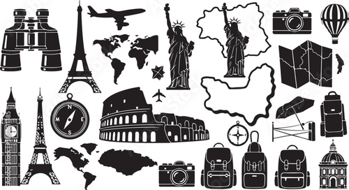 Travel icons and landmarks in black and white illustration