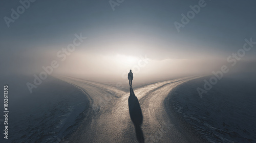 A solitary figure walking down a road with a split path, representing the idea of making a choice or decision in life. A beautiful scenery with a misty environment