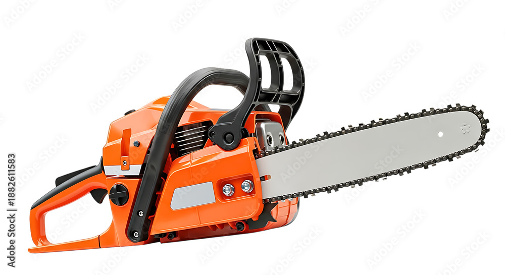 Fototapeta premium Orange chainsaw with black handle and gray blade isolated on transparent background