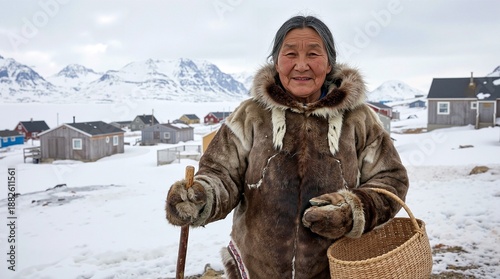 Portrait of a smiling senior Inuit woman wearing a traditional fur parka, holding a woven basket and a stick in a remote snowy Arctic settlement with mountains in the background. Generative AI.