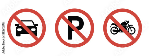 No Parking Sign Vector Illustration, No Car Parking and No Bike Parking Symbols for Traffic Regulation, Road Safety Enforcement, and Urban Signage Communication Systems.
