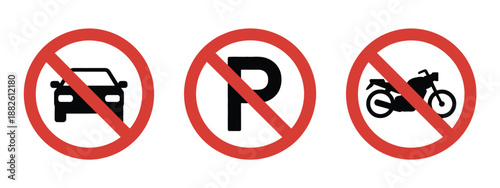 No Parking Prohibited Symbol Set, No Car and No Bike Parking Vector Icons Designed for Traffic Control, Public Safety Awareness, and Modern Urban Infrastructure Signage.