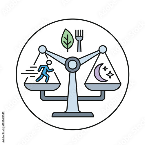 A visual concept illustrating the delicate yet vital balance required for a holistic healthy lifestyle, integrating physical exercise, proper nutrition, and restorative sleep for well-being