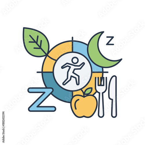 Holistic Health and Wellness Cycle Illustration depicting Exercise, Balanced Nutrition, and Restful Sleep for a Thriving Lifestyle