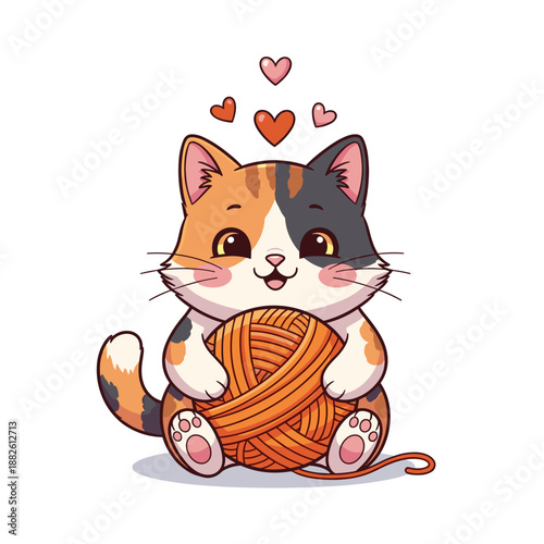 Adorable Calico Cat Kitten Playing with Yarn and Floating Hearts Illustration