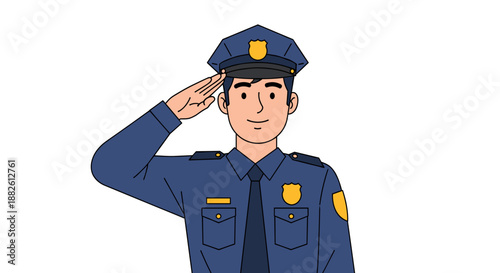 Young Male Police Officer in Blue Uniform Saluting Character Illustration