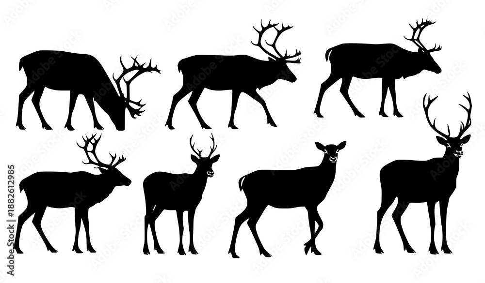 Fototapeta premium Elegant reindeer silhouette vector set of male and female deer for winter, holiday, and seasonal designs