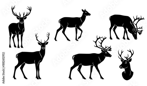 Minimalist reindeer silhouette vector set of male and female deer for winter, holiday, and Christmas designs