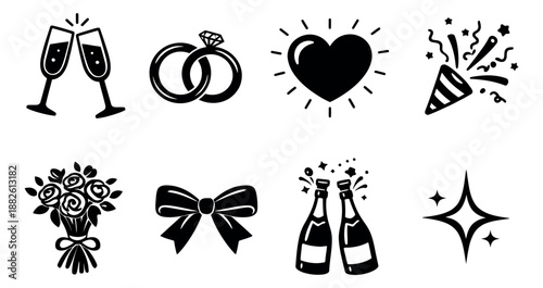 Modern festive icons set featuring champagne glasses, wedding rings, a heart, confetti, a flower bouquet, a bow, and sparkling bottles for celebrations, weddings, and romantic events