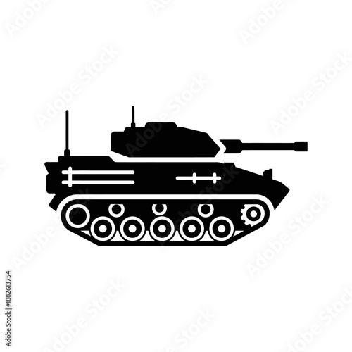 Black silhouette of a modern army tank on a white background