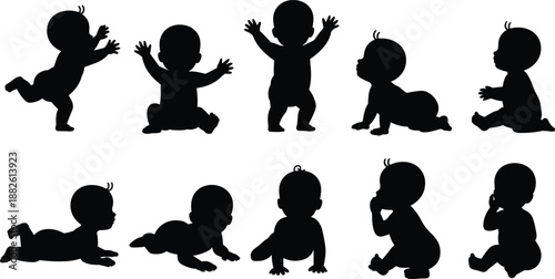 Baby silhouette collection showing crawling sitting standing jumping and playing poses infant growth stages isolated on white background vector