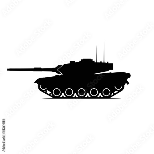 Black silhouette of a modern battle tank on a white background