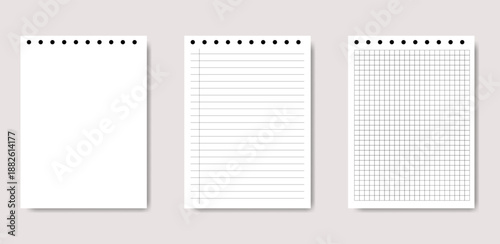 Set of Notebook Paper Pages, Blank Lined and Grid Sheets for Notes, To-Do List and Sketching
