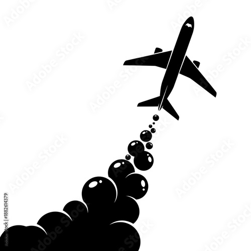 Black silhouette of an airplane leaving a trail of dark smoke and bubbles