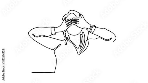 continuous line animation of woman closes her eyes with hands