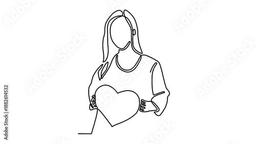 Continuous line animation of woman hugging heart shaped object