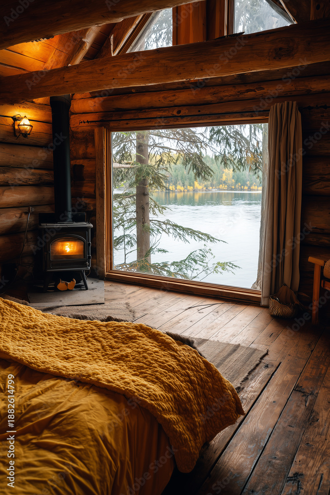 Fototapeta premium cozy bedroom with a wood stove lake view through a large window