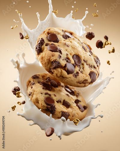 an ultra-realistic photo of cookies with chocolate chips and large milk splashes flying in the air